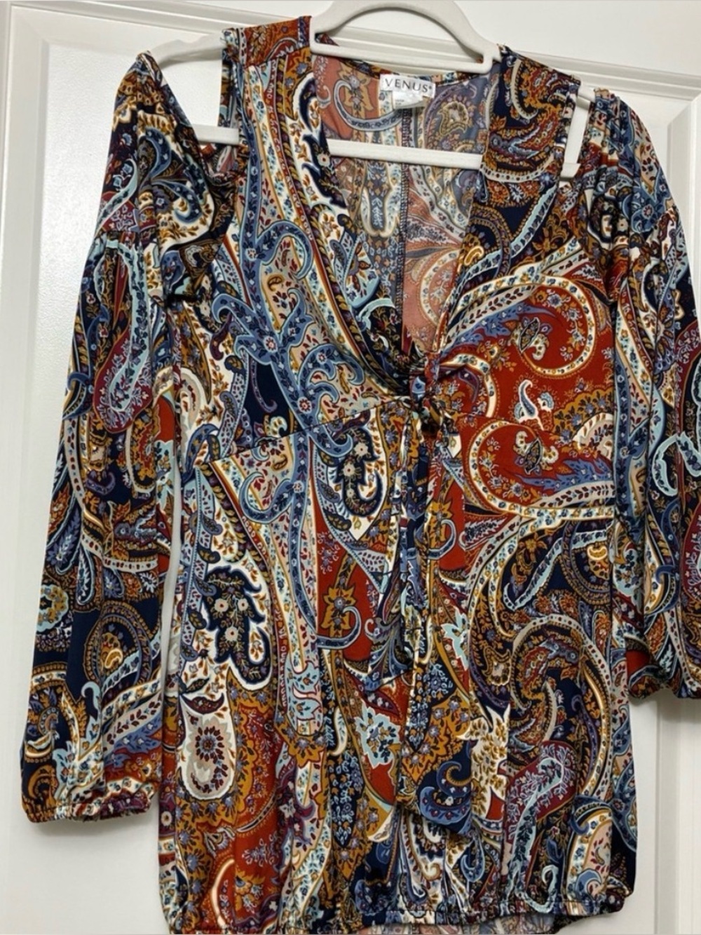 VENUS Paisley Tie-Front Blouse in Rust, Navy & Cream